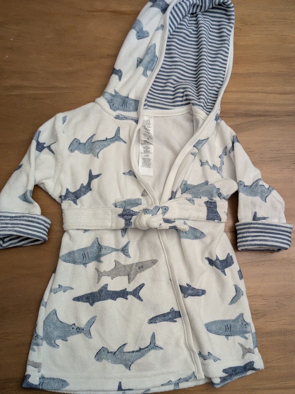 0-9 M Baby Hooded Bathrobe - Blue & White Shark Plush Robe w/ Tie Waist